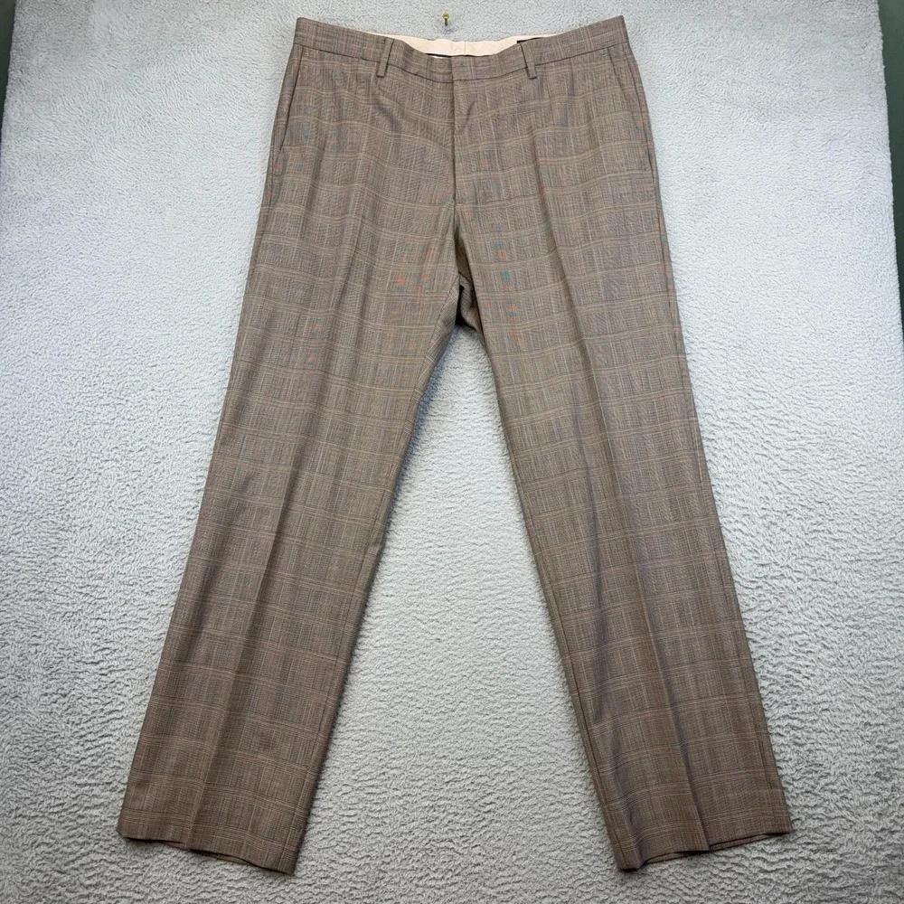 Banana Republic Dress Pants Mens 36x32 Brown Wool Tailored Slim Plaid Trousers